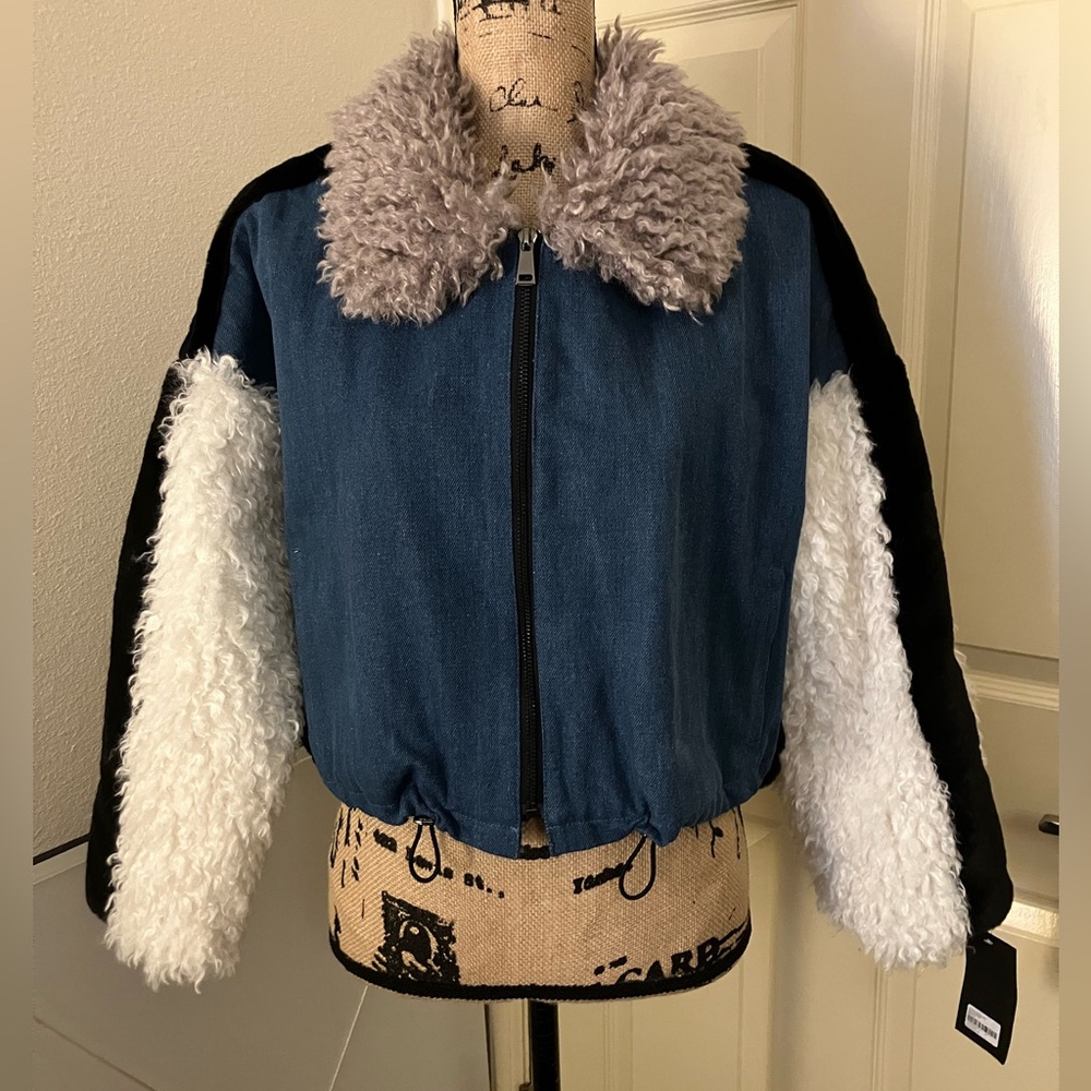 Shaci Denim and Faux Fur soft fluffy mixed material cropped Jacket large L